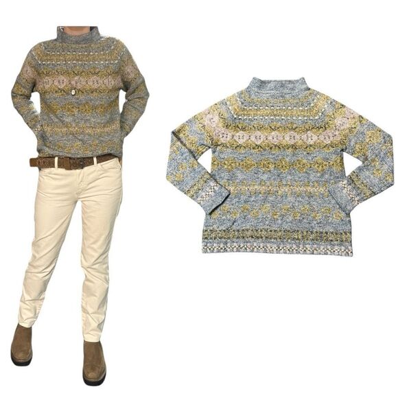 Vintage Ivy Cottagecore Fair Isle Nordic Knit Mock Neck Sweater Size Medium - Picture 1 of 14